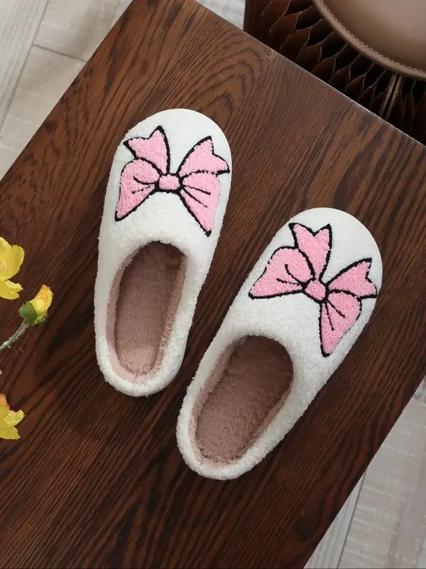 【Christmas】Women's Cute Bowknot Design Plush Slippers, Casual Soft Comfortable Home Slippers, Warm Slippers for Indoor & ...