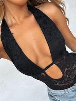 Women's Solid Lace Up Deep V Neck Bodysuit, Sexy Fashion Casual Thong Design Bodysuit for Daily Outdoor Wear, Women Clothing ...