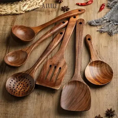 Wooden Cooking Utensils Set (6 Counts), Including Spoon*3 & Slotted Spoon*1 & Spatula*1 & Slotted Spatula*1, Summer for Gift,...