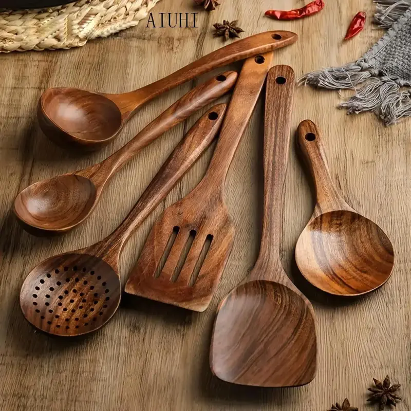 Wooden Cooking Utensils Set (6 Counts), Including Spoon*3 & Slotted Spoon*1 & Spatula*1 & Slotted Spatula*1, Summer for Gift,...