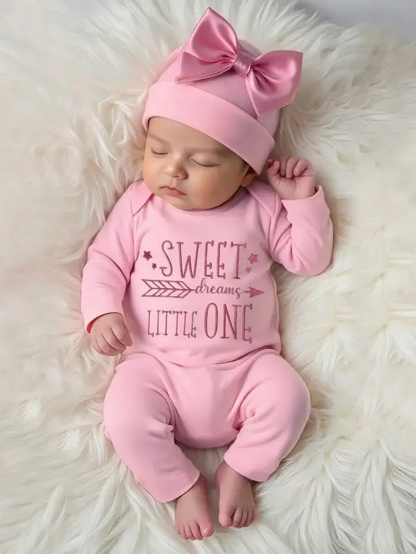 2pcs Newborn   Outfit - Embroidered Letter Romper With Bow Headband, Cute & Sweet Princess Style, Loose & Comfortable, Suitab...