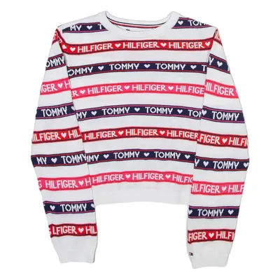 TOMMY HILFIGER Girls Jumper White Striped Tight Knit L