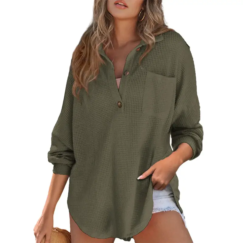 EVALESS Women's Oversized Henley Waffle Shirts Tops,Button V Neck Long Sleeve Lightweight Mesh Knitwear Tunic Blouses,2025 Wo...