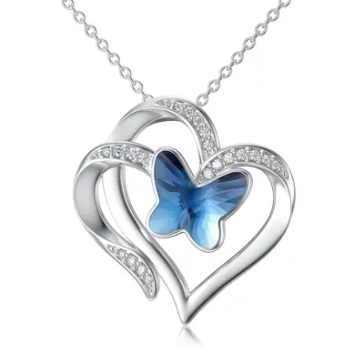 Sterling Silver Crystal Butterfly Double Heart Pendant Necklace