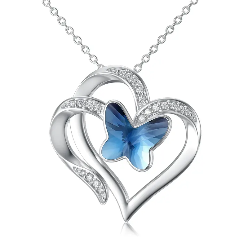 Sterling Silver Crystal Butterfly Double Heart Pendant Necklace