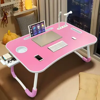 Laptop Bed Desk, Folding Lap Desk with 4 USB Ports, Wind Fan, LED Light, Cup Holder and Side Drawer for Working, Reading, Wri...