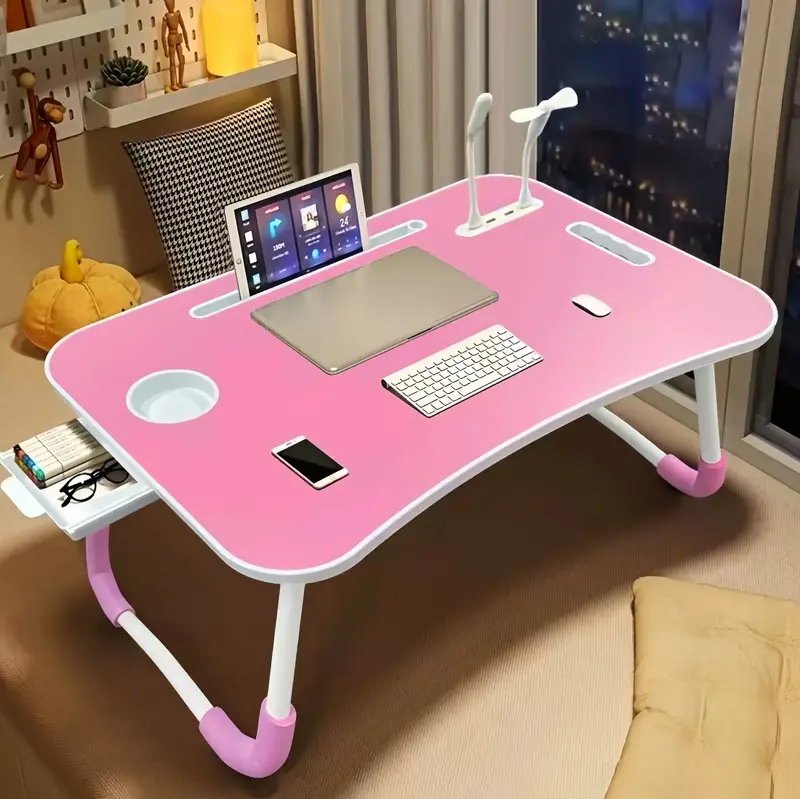 Laptop Bed Desk, Folding Lap Desk with 4 USB Ports, Wind Fan, LED Light, Cup Holder and Side Drawer for Working, Reading, Wri...