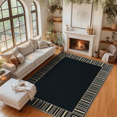 Garvee Washable Black Striped Area Rug 8x10ft - Indoor Outdoor Carpet - Non-Slip Low Pile, Highly Durable & mark Resistant - ...