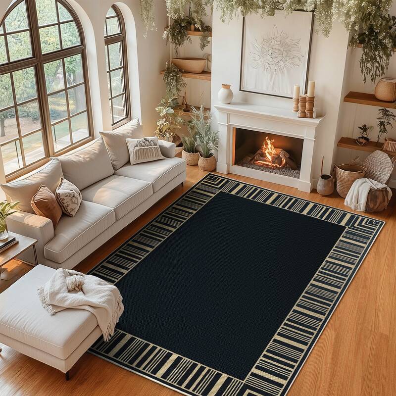 Garvee Washable Black Striped Area Rug 8x10ft - Indoor Outdoor Carpet - Non-Slip Low Pile, Highly Durable & mark Resistant - ...