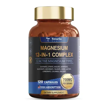 Totaria 12-in-1 700mg Magnesium Complex - Glycinate Citrate Malate Oxide Taurate Aspartate Orotate, Vegan Capsules for Muscle...