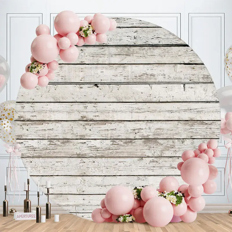 Aperturee Grayish White Round Birthday Wooden Backdrop