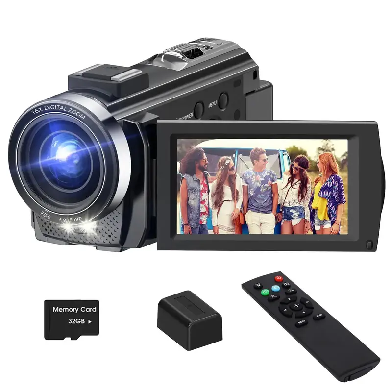 Dvc Camera, Full HD 1080P Video Recorder, 3-Inch Tft LCD Screen, 270° Rotating IPS Display, Includes Remote & 32GB Memory Ca...