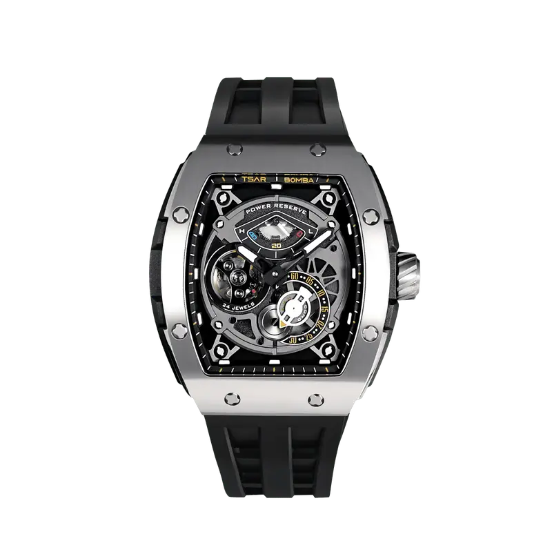 TSAR BOMBA Men's Automatic Watch | Silver Black | The Elemental TB8210CF | 316L Stainless Steel Bezel | Luxury Skeleton Mecha...