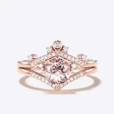Art Deco Morganite Engagement Engagement Ring Set Round Cut Rose Gold