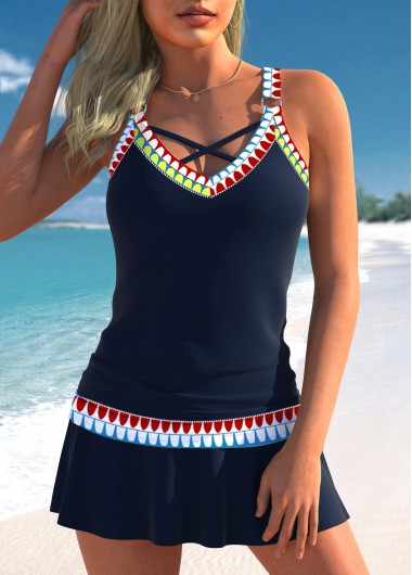 Modlily Circular Ring Low Waisted Tribal Print Navy Tankini Set - XXL
