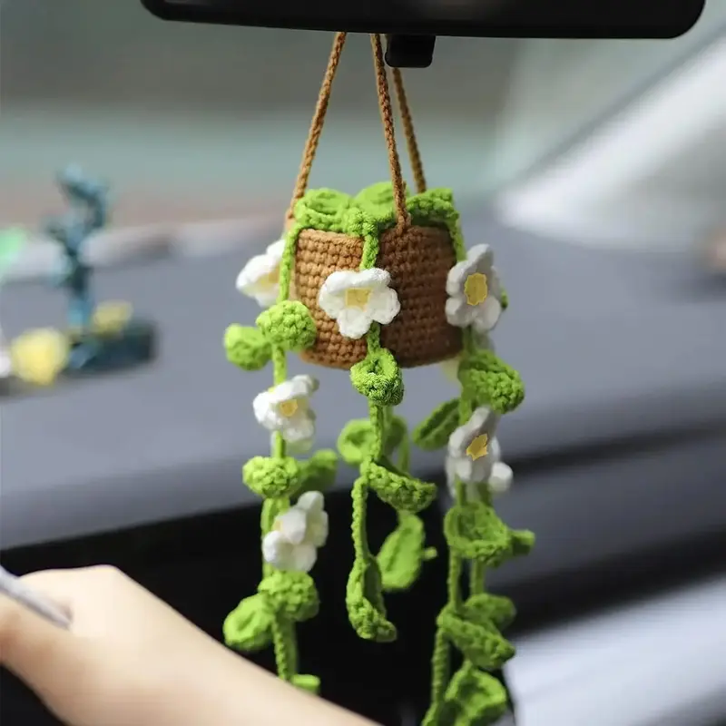 Cute Potted Plant Crochet Car Mirror Hanging Accessories, Cute Car Pendant Accessories for Women Men, Handmade Knitted Rear V...