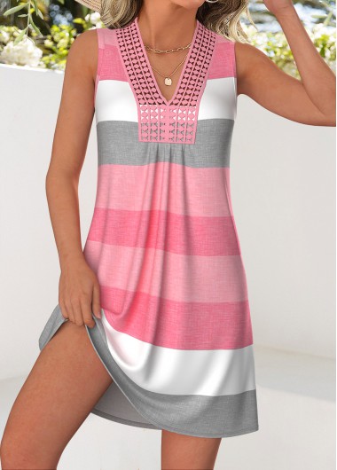Modlily Pink Striped Short Tummy Coverage Sleeveless V Neck Dress - M