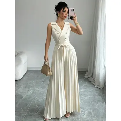 Women's Elegant Double-Breasted Pleated Jumpsuit, Apricot, Suitable For Spring And Autumn