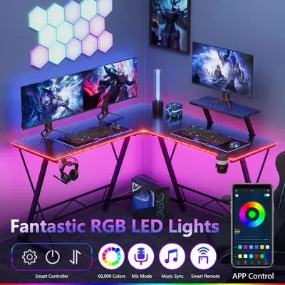【RGB Desk】Mr IRONSTONE Gaming Desk with Led Lights,Corner Computer Desk with Carbon Fiber Surface,L shaped desk, Home Off...