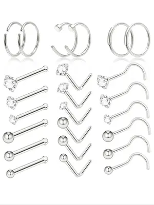 24pcs/set Funky Stainless Steel Rhinestones Decor Nose Ring, Nose Stud Set For Women & Girls, Body Jewelry For Body Decoratio...