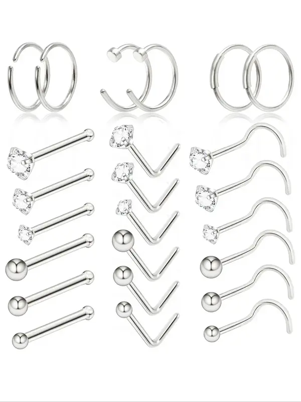 24pcs/set Funky Stainless Steel Rhinestones Decor Nose Ring, Nose Stud Set For Women & Girls, Body Jewelry For Body Decoratio...