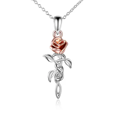 Sterling Silver Two-tone Celtic Knot Rose Branch Pendant Necklace