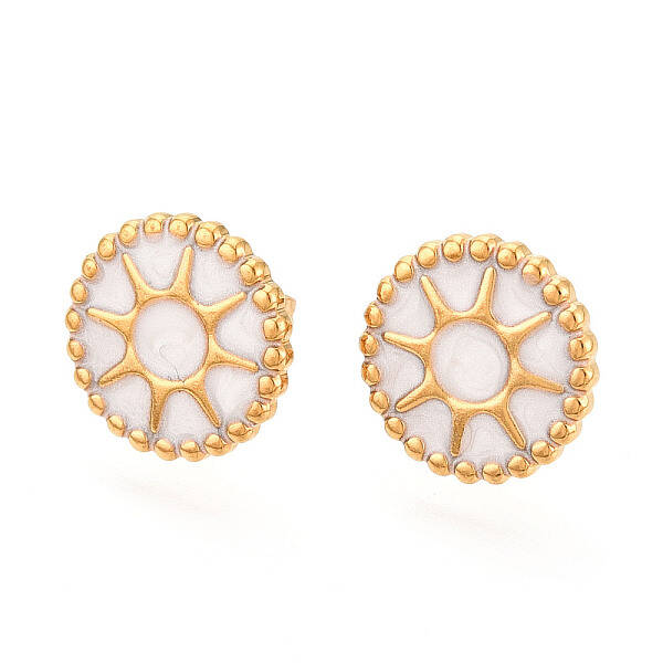 Flat Round with Sun 304 Stainless Steel Enamel Stud Earrings