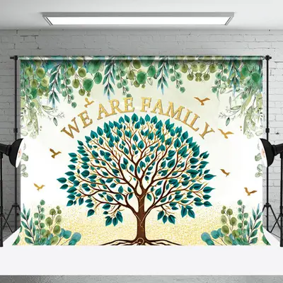 Green Plum Leaves Gold Tree Family Reunion Backdrop - Aperturee