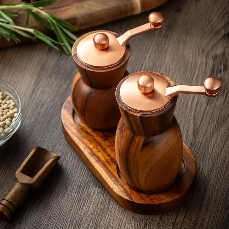 Wooden Manual Pepper Grinder, 1 Set Hand Crank Spice Grinder with Base, Refillable Salt & Pepper Mill With Adjustable Coarsen...