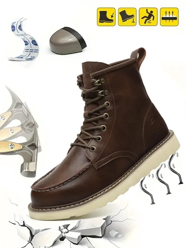 Men's Brown Anti-smash and Anti-puncture Work Shoes, Steel Toe Boots, Casual Lace Up High Top Shoes for Daily Wear, Walking S...