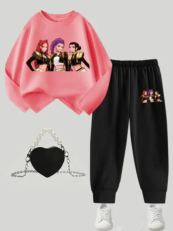 Girls' Spring & Fall Casual Long Sleeve T-Shirt Set, Kpop Print Design, Comfortable Leisure Pants, Perfect Gift for School Se...