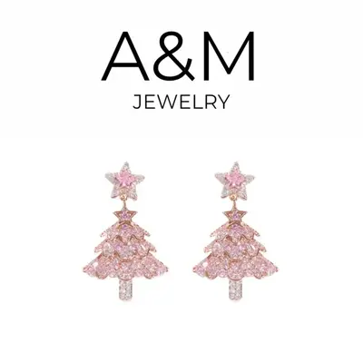 A&M Pink Christmas Tree Zircon Earrings - Festive and Elegant Women's Elegant Rhinestone Decorated
