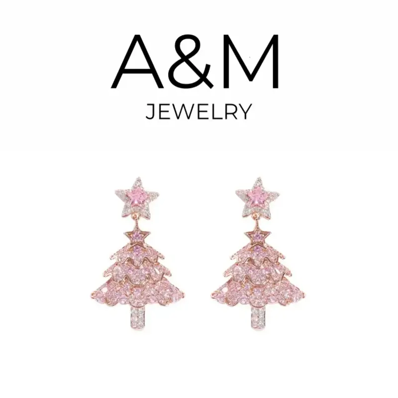 A&M Pink Christmas Tree Zircon Earrings - Festive and Elegant Women's Elegant Rhinestone Decorated