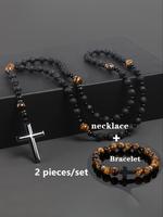 Men's Cross Pendant Design Beaded Necklace & Bracelet, Fashion Jewelry for Party, Daily Clothing Decor, Trendy All-match & Ex...