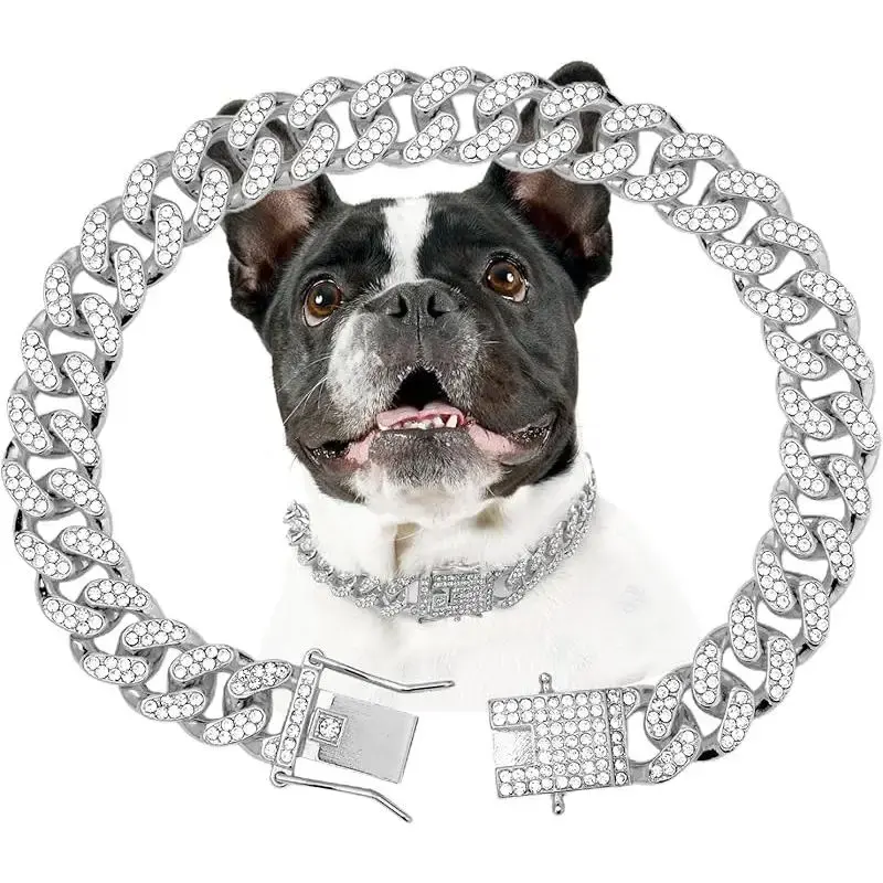 Silver Dog Chain Collar, 13mm Wide Diamond Cuban Link Necklace, Crystal Metal Collar for Large, Medium & Small Dogs & Cats Pe...