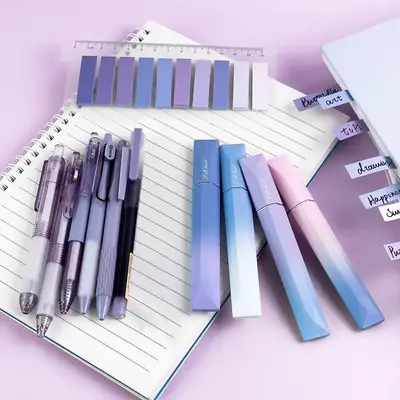 Gradient Gel Pen Set, 1 Set Including 6 Gel Pen & 4 Highter Pemarkers & 200 Index Sticker, Multifunctional Writing Stationery...