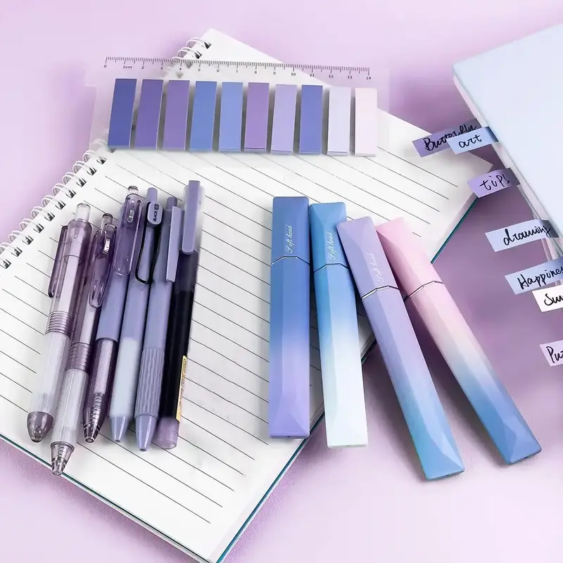 Gradient Gel Pen Set, 1 Set Including 6 Gel Pen & 4 Highter Pemarkers & 200 Index Sticker, Multifunctional Writing Stationery...