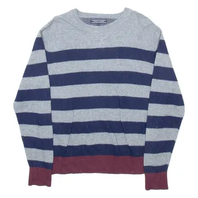 TOMMY HILFIGER Mens Jumper Grey Striped Tight Knit L