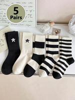 Women's 5 Pairs Colorblock Striped& Star Print Crew Socks, Casual Moisture Wicking Socks, Soft Comfy Breathable Socks for All...
