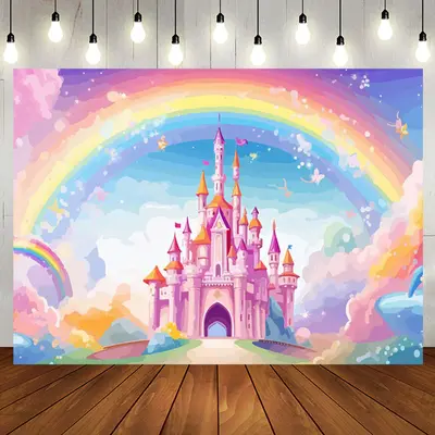 Aperturee Fairytale Castle Golden Crowns Rainbow Sky Backdrop