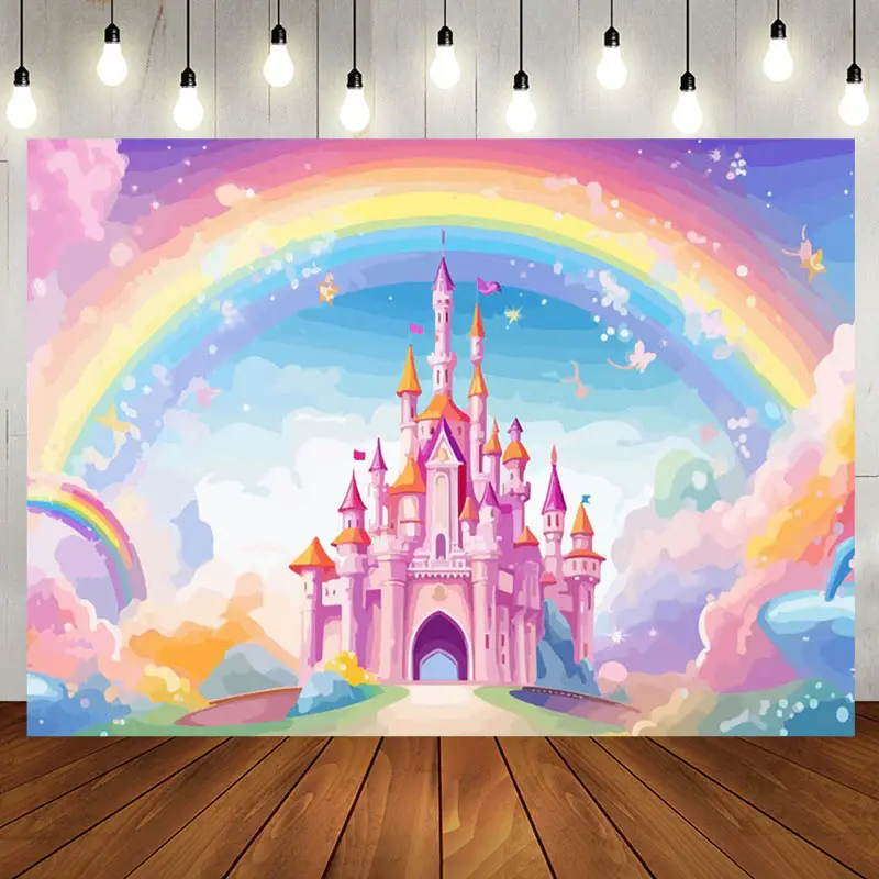 Aperturee Fairytale Castle Golden Crowns Rainbow Sky Backdrop