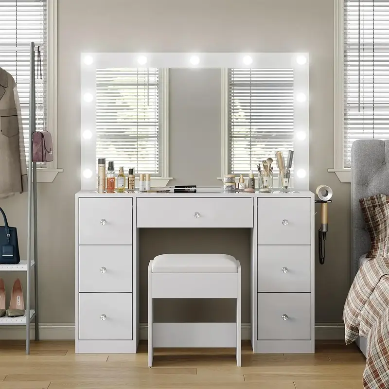 CollaredEagle Makeup Table with Power Outlet and 11 Lights, Vanity Desk with Mirror, Vanity Table with 7 Drawers and Cushione...