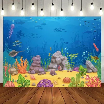 Cartoon Blue Ocean Fish Benthos Birthday Backdrop - Aperturee