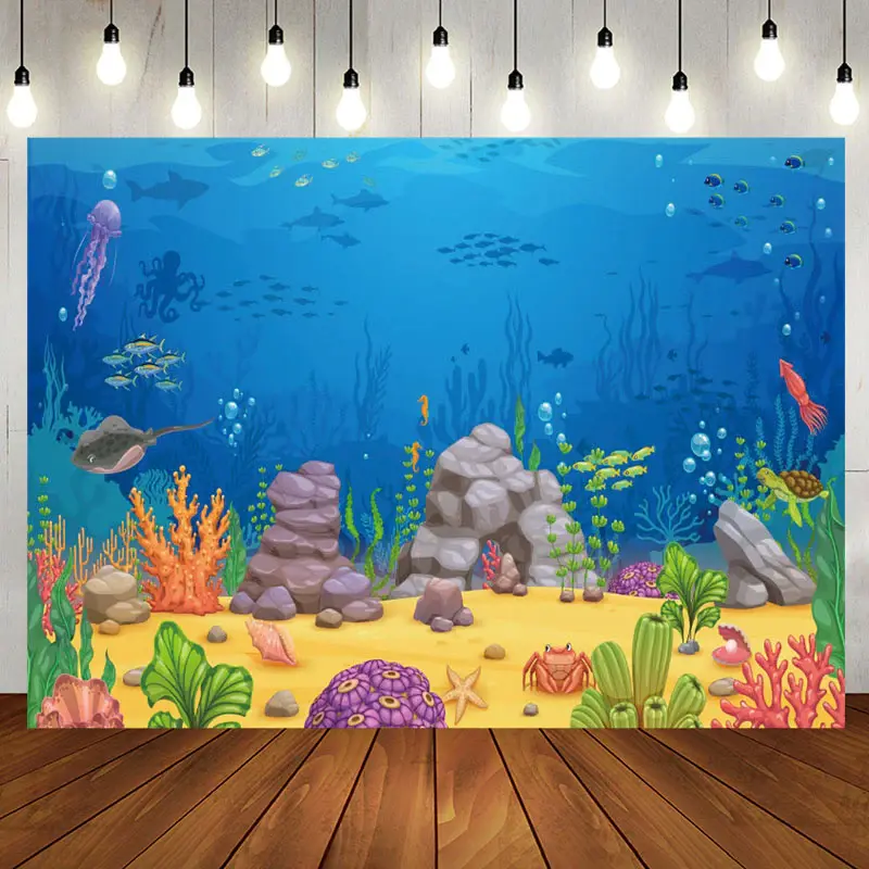 Cartoon Blue Ocean Fish Benthos Birthday Backdrop - Aperturee