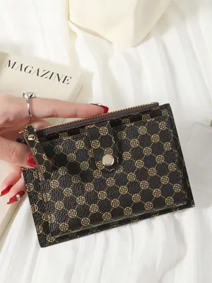 Women's  Random Geometric Pattern Short Wallet, Multi-functional Zipper Card Holder, Fashionable Pu Leather Wallet for Daily ...