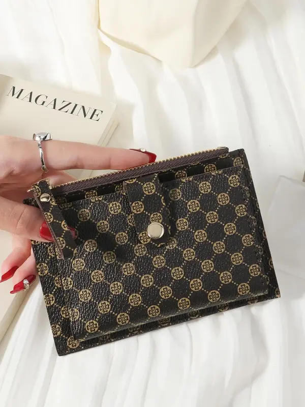 Women's  Random Geometric Pattern Short Wallet, Multi-functional Zipper Card Holder, Fashionable Pu Leather Wallet for Daily ...