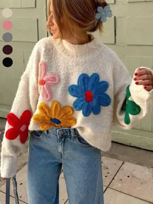 Plus Size Colorblock Floral Embroidered Drop Shoulder Sweater Pullover, Casual Long Sleeve Mock Neck Jumper for Fall & Winte...