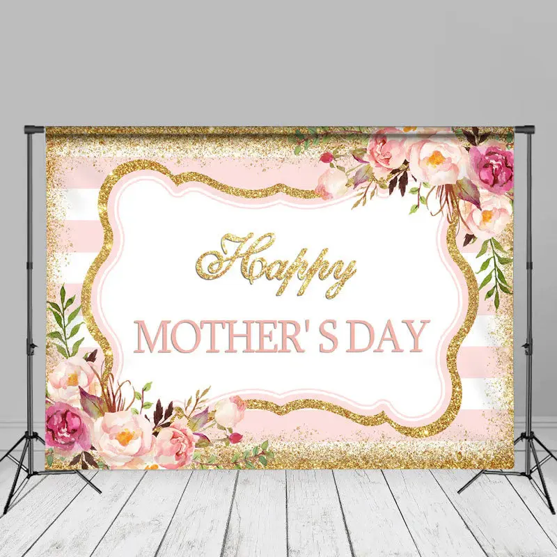 Glitter Golden Pink Floral Backdrop For Mothers Day - Aperturee
