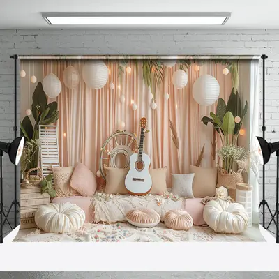 Cozy Room Sofa Guitar Greenery Cake Smash Backdrop