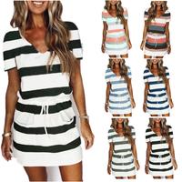 2025 Spring and Summer New Women's Drawstring Short Skirt Short Sleeve Striped Dress Ladies Ins Style Casual